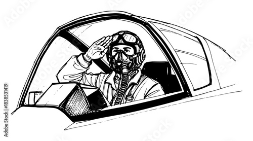 fighter pilot in cockpit saluting vector black shape