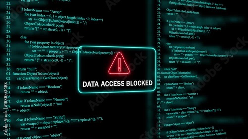 Red Exclamation Mark Warning Symbol data access blocked Neon Sign on cyan Digital Code Background with Glitch Effect