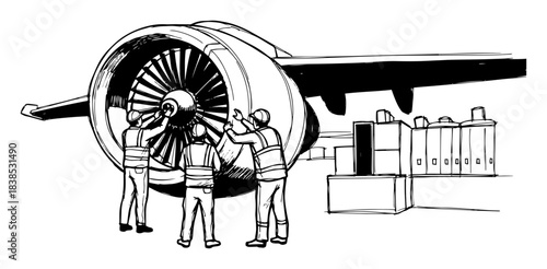aircraft jet engine maintenance crew vector shape silhouette