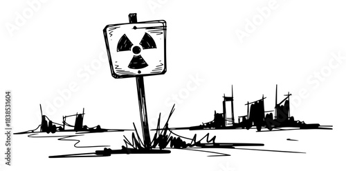 radiation warning sign in a post-apocalyptic ruined city