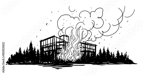 building on fire in forest disaster monochrome vector