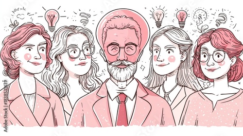 Group of five individuals, one man and four women, with glowing light bulbs