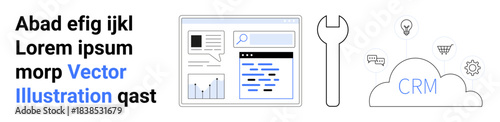 Business management, cloud computing, data analysis, software tools, CRM systems, digital workflows. Cloud with CRM text, interface and wrench. Business management and cloud computing concept