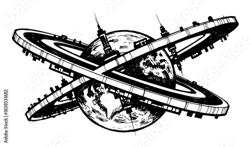 futuristic orbital space station around earth vector silhouette