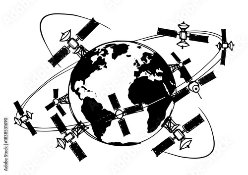 earth globe with network of satellites vector shape silhouette