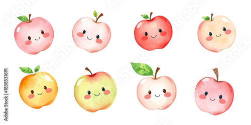 Cute watercolor apples, soft pastel colors, hand drawn texture, sweet, tasty, sour, perfect for children's prints, stickers, patterns and greeting cards, isolated on white background
