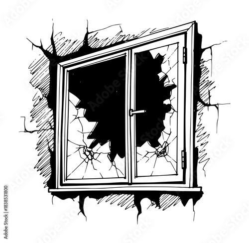broken shattered window on cracked wall monochrome vector shape