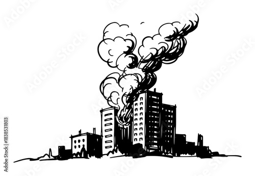 highrise building explosion with smoke plume vector shape silhouette