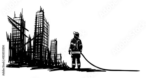 lone firefighter facing city under construction or fire vector silhouette