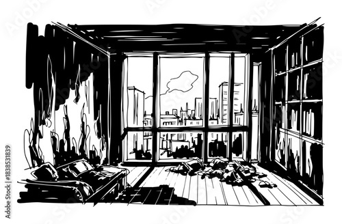 burnt out living room after fire disaster vector black shape