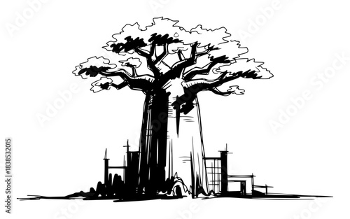 baobab tree african landscape sketch