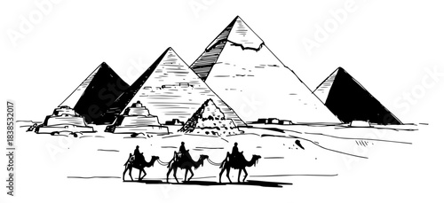 pyramids of giza with camel caravan egypt monochrome vector silhouette