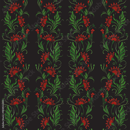 Vector floral seamless pattern from hand painted carnation flowers on a black background