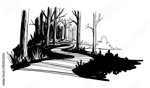 path through the woods forest landscape vector silhouette