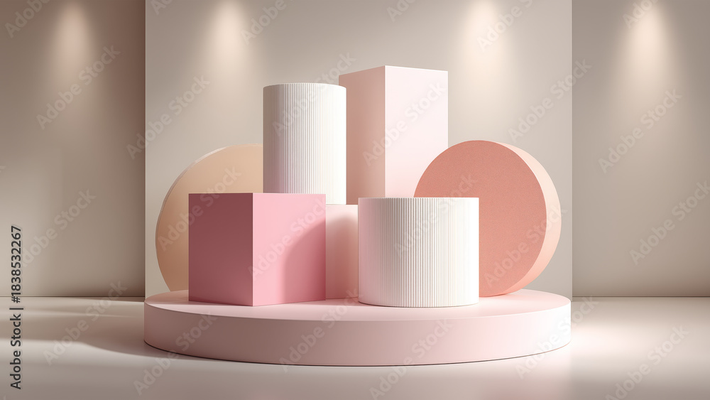 Naklejka premium Minimal 3D Geometric Shapes on Soft Pink Podium Background