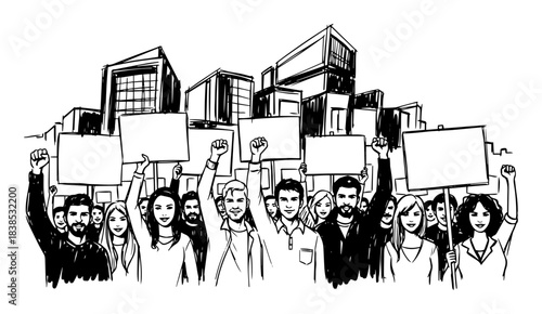 crowd of protesters with blank signs in a city demonstration sketch