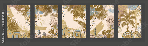 Set Beautiful abstract paintings with palm trees and palm leaves. Hand drawn. Not AI, vector illustration.