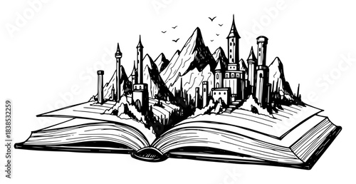 fantasy castle emerging from book sketch