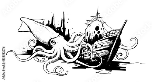 giant squid attacking ship sketch vector