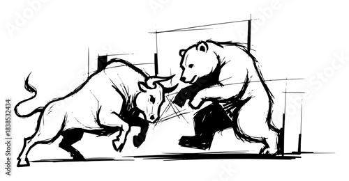 bull vs bear stock market concept vector black silhouette