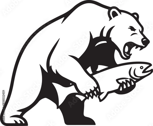 Grizzly bear roaring fiercely, clutching a freshly caught salmon in its powerful paws. striking black and white wildlife illustration artwork.