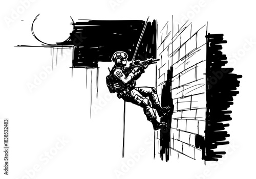 special forces soldier rappelling down building vector shape silhouette