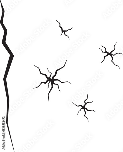 Realistic vector illustration of wall cracks, distressed surface texture, broken fissures spreading, grunge damage pattern isolated on clean background.