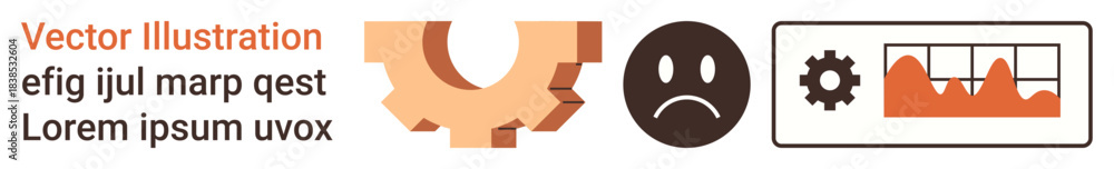 Fototapeta premium Business analysis, workflow optimization, problem-solving, data visualization, project management, mechanics. Gear, sad face and graph imagery. Business analysis and workflow optimization concepts