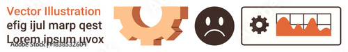 Business analysis, workflow optimization, problem-solving, data visualization, project management, mechanics. Gear, sad face and graph imagery. Business analysis and workflow optimization concepts