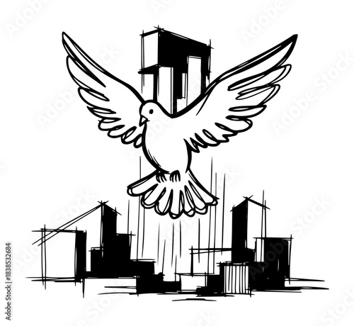 holy spirit dove with city background sketch