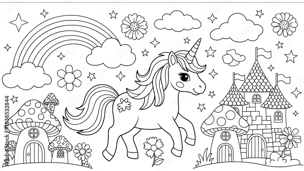 Fototapeta premium Enchanting unicorn in a magical fantasy world with rainbow and castle