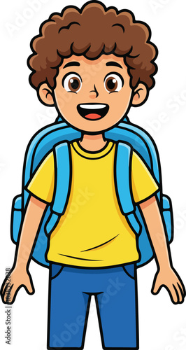 Happy cartoon boy student with backpack ready for school, education, learning, cheerful kid returning from class, primary school child smiling