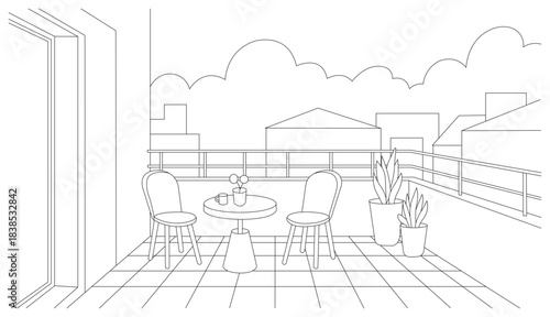 Minimalist Black and White Line Art of Modern Apartment Balcony with Furniture and Plants