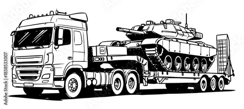 tank transporter heavy truck hauling armored vehicle vector shape silhouette