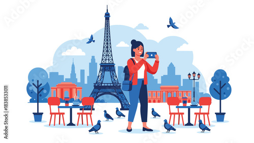 Flat illustration of a woman photographing the Eiffel Tower in Paris with trees and city atmosphere. Perfect for travel, tourism, adventure, and vacation themes