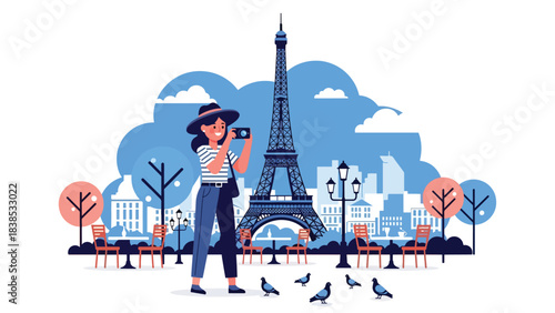 Flat illustration of a woman photographing the Eiffel Tower in Paris with trees and city atmosphere. Perfect for travel, tourism, adventure, and vacation themes