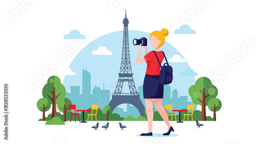 Flat illustration of a woman photographing the Eiffel Tower in Paris with trees and city atmosphere. Perfect for travel, tourism, adventure, and vacation themes