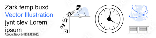 Business strategy, workflow planning, global connectivity, data management, teamwork, and risk analysis. A person stacking risk blocks, a clock interconnected globe and server icon. Risk management