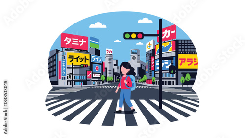Modern flat illustration of a woman exploring Shibuya Crossing in Tokyo with neon lights and city vibes. Ideal for travel, Japan culture, and adventure themes