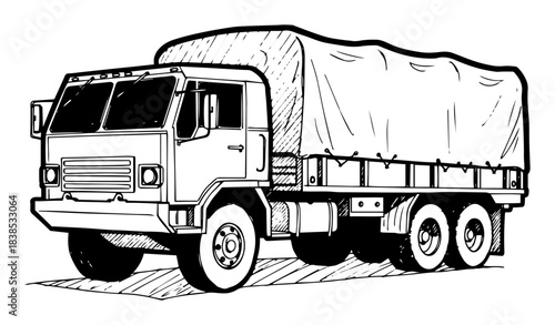 military transport truck with canvas cover vector sketch