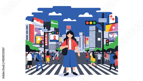Modern flat illustration of a woman exploring Shibuya Crossing in Tokyo with neon lights and city vibes. Ideal for travel, Japan culture, and adventure themes
