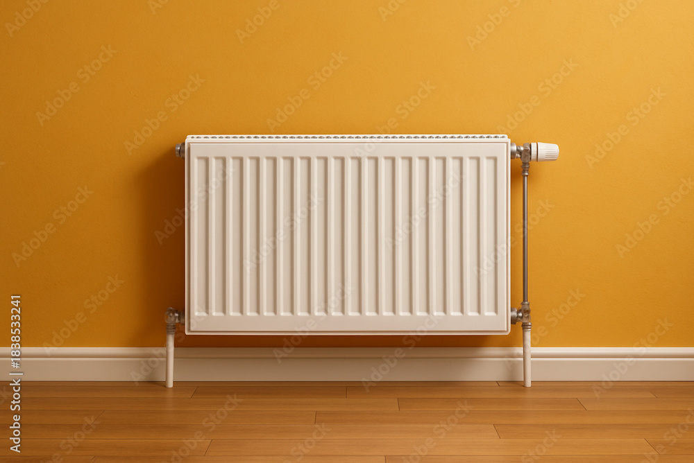 custom made wallpaper toronto digitalModern white radiator mounted on a warm yellow wall above wooden flooring. Clean interior design scene representing home heating, temperature control, and cozy indoor living environment.