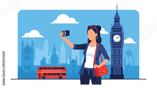 Flat illustration of a woman taking a selfie with Big Ben and a red bus passing by. Great for tourism, travel lifestyle, and iconic Europe destinations