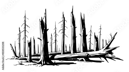 burnt forest trees destruction sketch vector