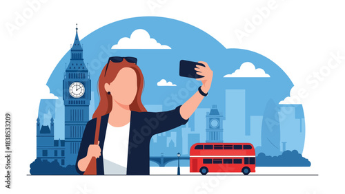 Flat illustration of a woman taking a selfie with Big Ben and a red bus passing by. Great for tourism, travel lifestyle, and iconic Europe destinations