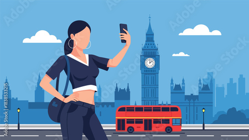 Flat illustration of a woman taking a selfie with Big Ben and a red bus passing by. Great for tourism, travel lifestyle, and iconic Europe destinations