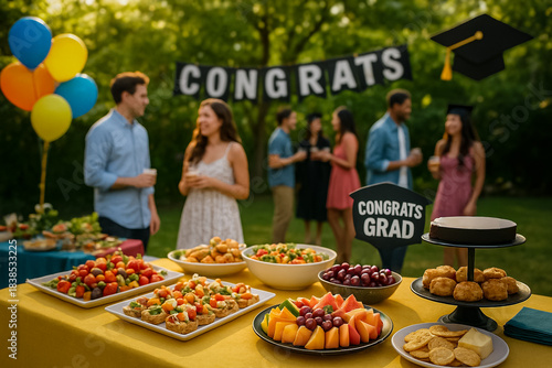 Backyard graduation celebration with family and friends, featuring a food table, balloons, and 