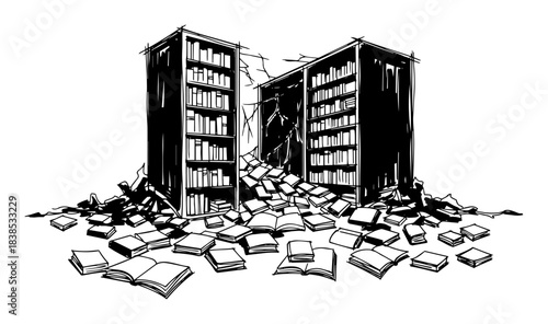 collapsed library books destruction sketch vector