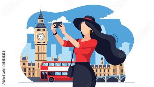 Flat illustration of a woman taking a selfie with Big Ben and a red bus passing by. Great for tourism, travel lifestyle, and iconic Europe destinations