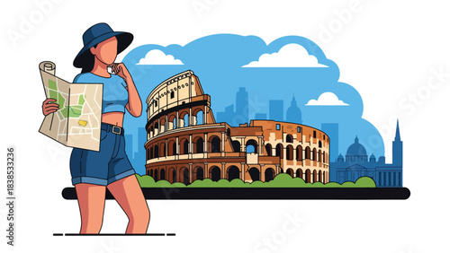 Flat illustration of a woman exploring the Colosseum in Rome with map in hand. Perfect for travel, history, and world cultural heritage themes